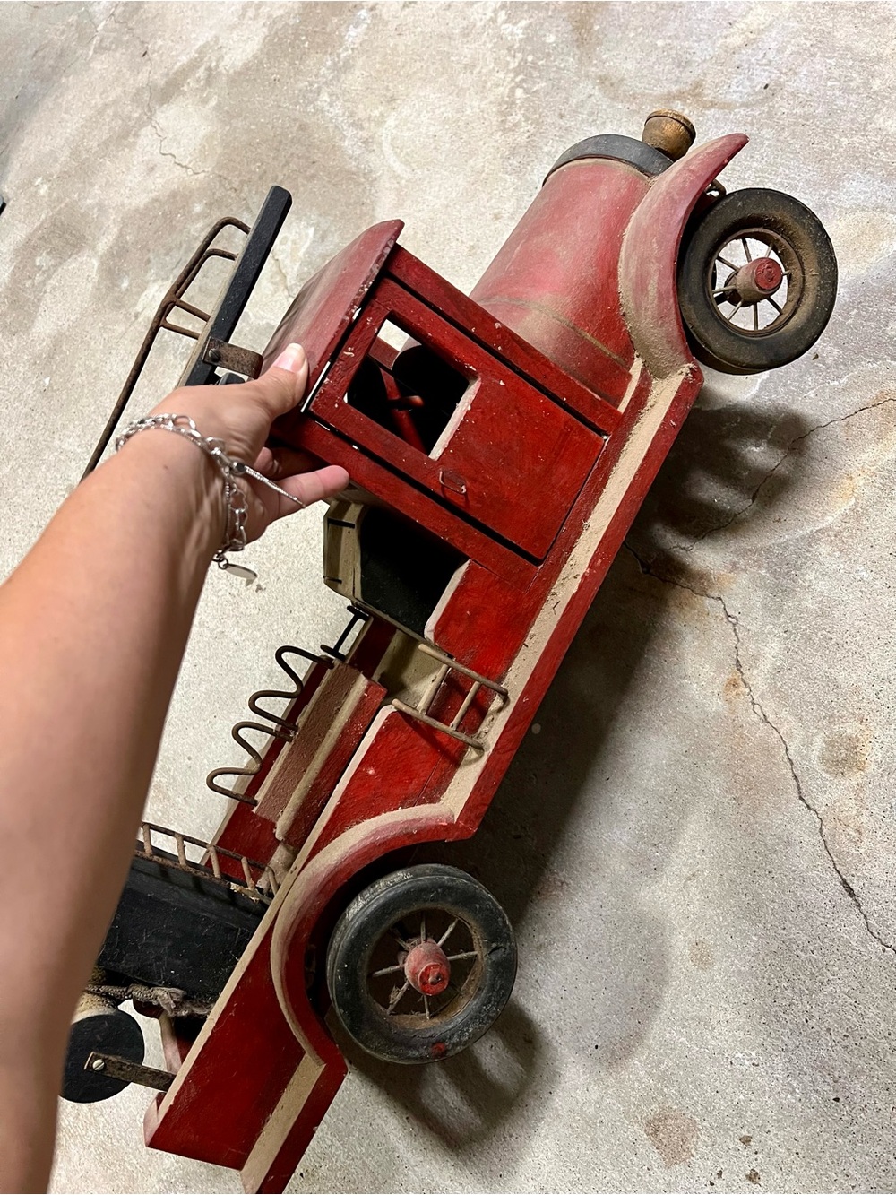 Large Antique Red Wooden Fire Truck toy truck from 1900s